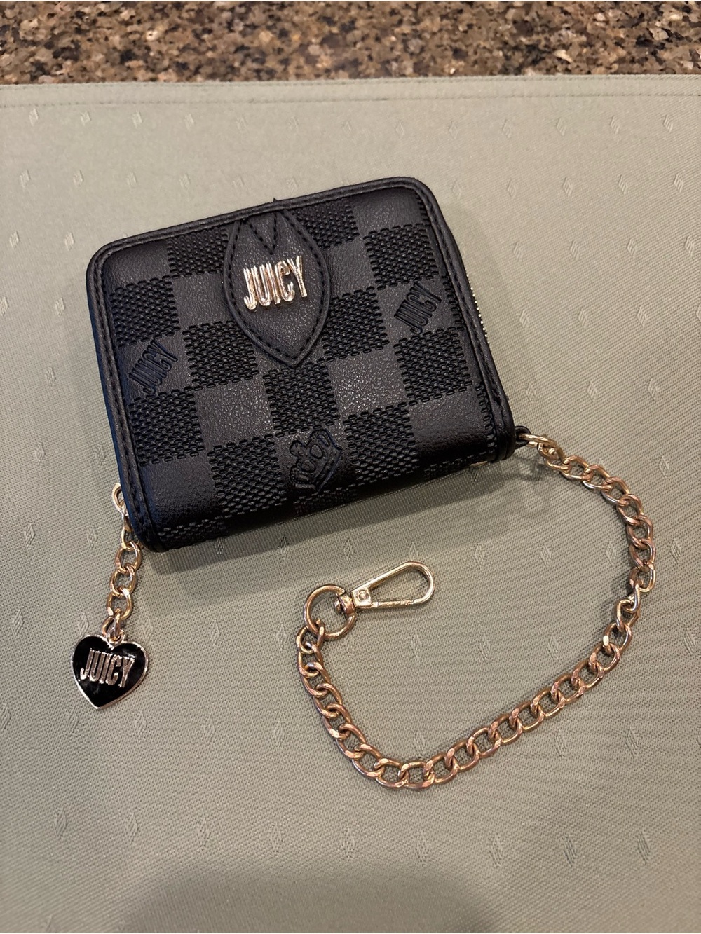 Juicy Couture Black Checkered Zip Wallet with Gold Chain Charm